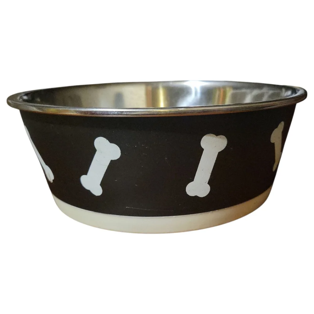 NWT Vibrant Life Dog Cat Pet Dish Bowl Black White Bones Stainless 48 fl oz
